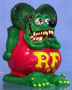 Rat Fink - stands holding card behind his back