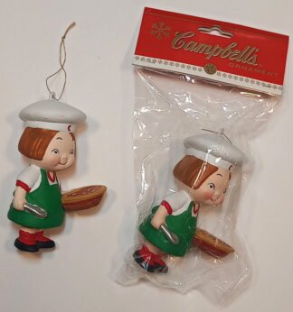 Campbell's Soup Kid Girl - stands holds soup bowl, American Advertising Mascots, Kurt Adler, figure as ornament, plastic, 4 inches