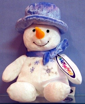 Snowball Snowman-shiny white, wears blue hat,scarf